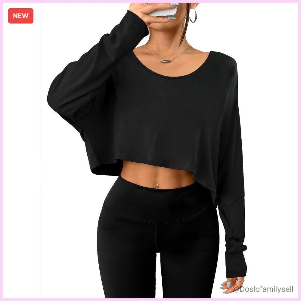 Oversized Batwing Crop Top Long Sleeve Crewneck Casual Chic Y2k Style